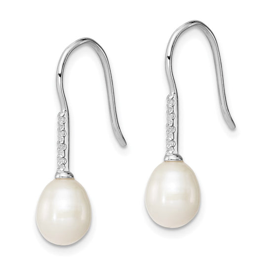 QE12768 Sterling Silver Rhodium-plated 7-8mm White Teardrop Freshwater Cultured Pearl and CZ Dangle Earrings
