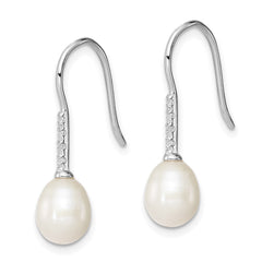 QE12768 Sterling Silver Rhodium-plated 7-8mm White Teardrop Freshwater Cultured Pearl and CZ Dangle Earrings