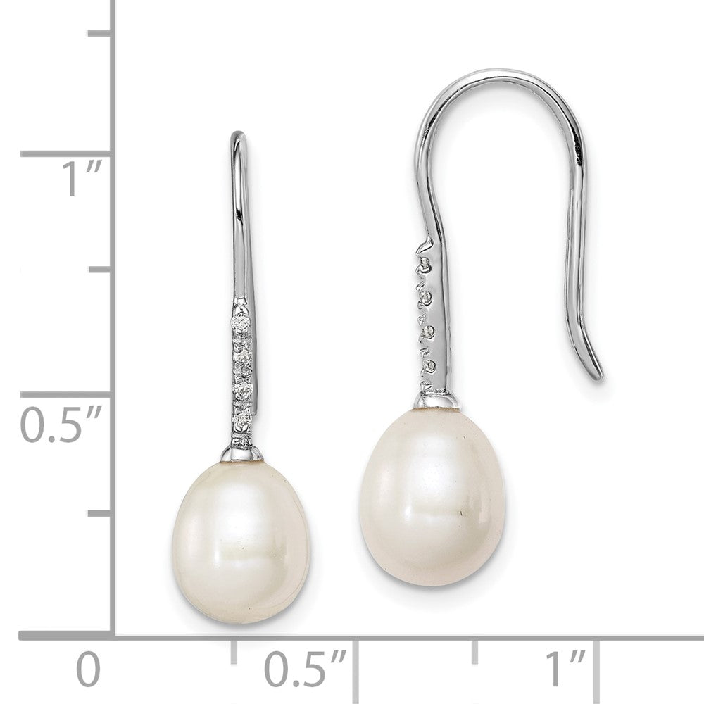 QE12768 Sterling Silver Rhodium-plated 7-8mm White Teardrop Freshwater Cultured Pearl and CZ Dangle Earrings