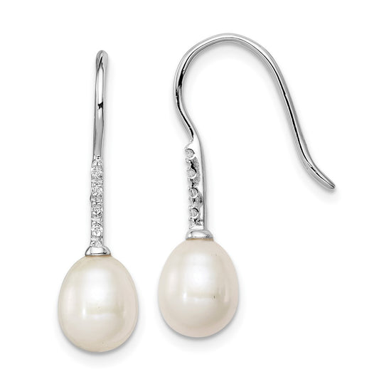 QE12768 Sterling Silver Rhodium-plated 7-8mm White Teardrop Freshwater Cultured Pearl and CZ Dangle Earrings