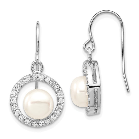 QE12769 Sterling Silver Rhodium-plated 7-8mm White Button Freshwater Cultured Pearl and CZ Dangle Earrings