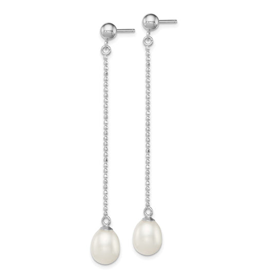 QE12776 Sterling Silver Rhodium-plated 7-8mm White Rice Freshwater Cultured Pearl Post Dangle Earrings