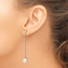QE12776 Sterling Silver Rhodium-plated 7-8mm White Rice Freshwater Cultured Pearl Post Dangle Earrings