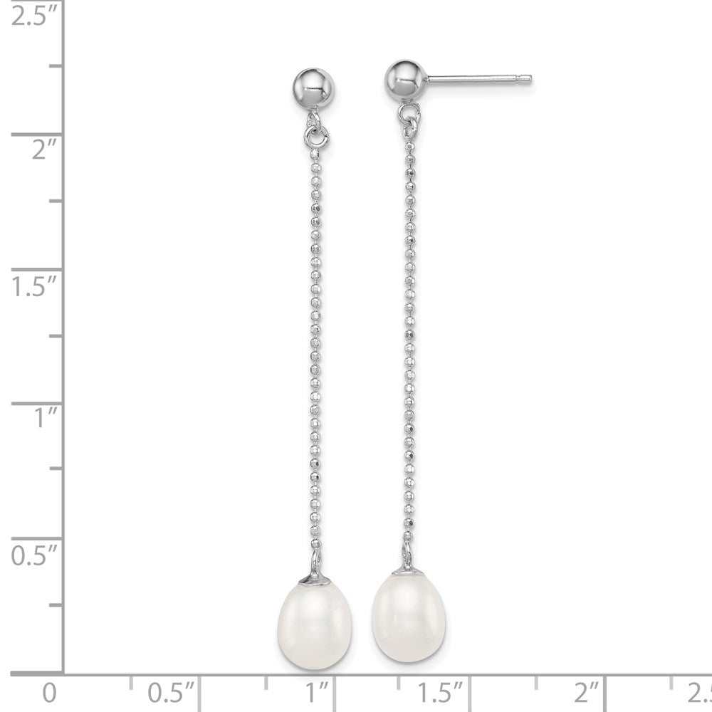 QE12776 Sterling Silver Rhodium-plated 7-8mm White Rice Freshwater Cultured Pearl Post Dangle Earrings