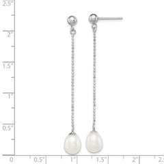 QE12776 Sterling Silver Rhodium-plated 7-8mm White Rice Freshwater Cultured Pearl Post Dangle Earrings
