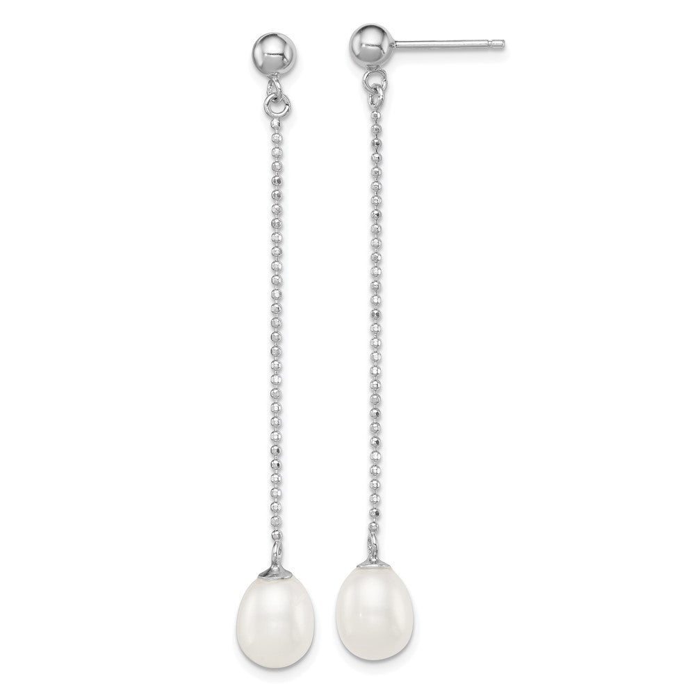 QE12776 Sterling Silver Rhodium-plated 7-8mm White Rice Freshwater Cultured Pearl Post Dangle Earrings