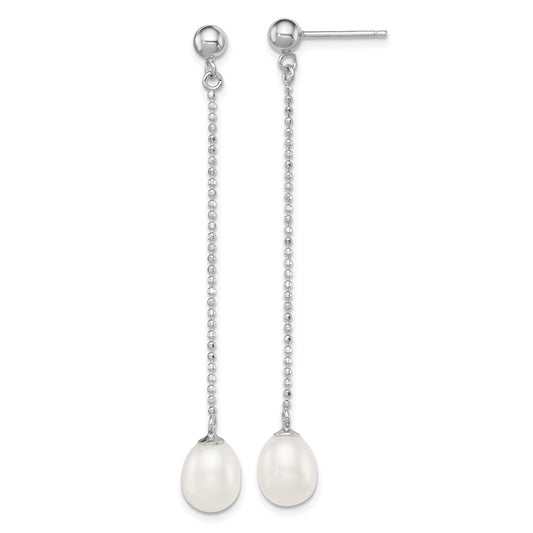 QE12776 Sterling Silver Rhodium-plated 7-8mm White Rice Freshwater Cultured Pearl Post Dangle Earrings