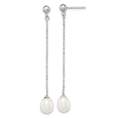 QE12776 Sterling Silver Rhodium-plated 7-8mm White Rice Freshwater Cultured Pearl Post Dangle Earrings