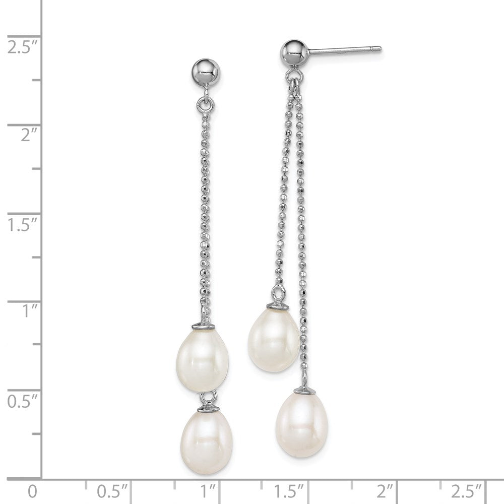 QE12777 Sterling Silver Rhodium-plated 7-8mm White Rice Freshwater Cultured Pearl Post Dangle Earrings