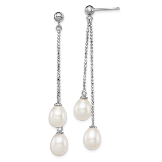 QE12777 Sterling Silver Rhodium-plated 7-8mm White Rice Freshwater Cultured Pearl Post Dangle Earrings