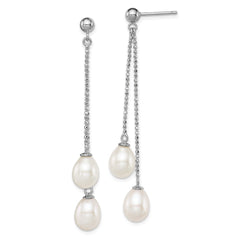 QE12777 Sterling Silver Rhodium-plated 7-8mm White Rice Freshwater Cultured Pearl Post Dangle Earrings