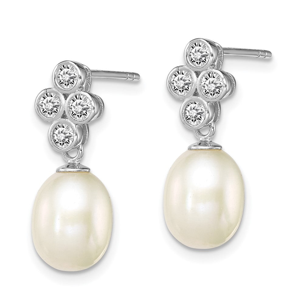 QE12778 Sterling Silver Rhodium-plated 7-8mm White Rice Freshwater Cultured Pearl and CZ Post Dangle Earrings
