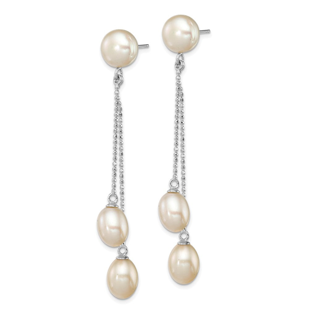 QE12779 Sterling Silver Rhodium-plated 6-9mm White Rice and Button Freshwater Cultured 3-Pearl Post Dangle Earrings