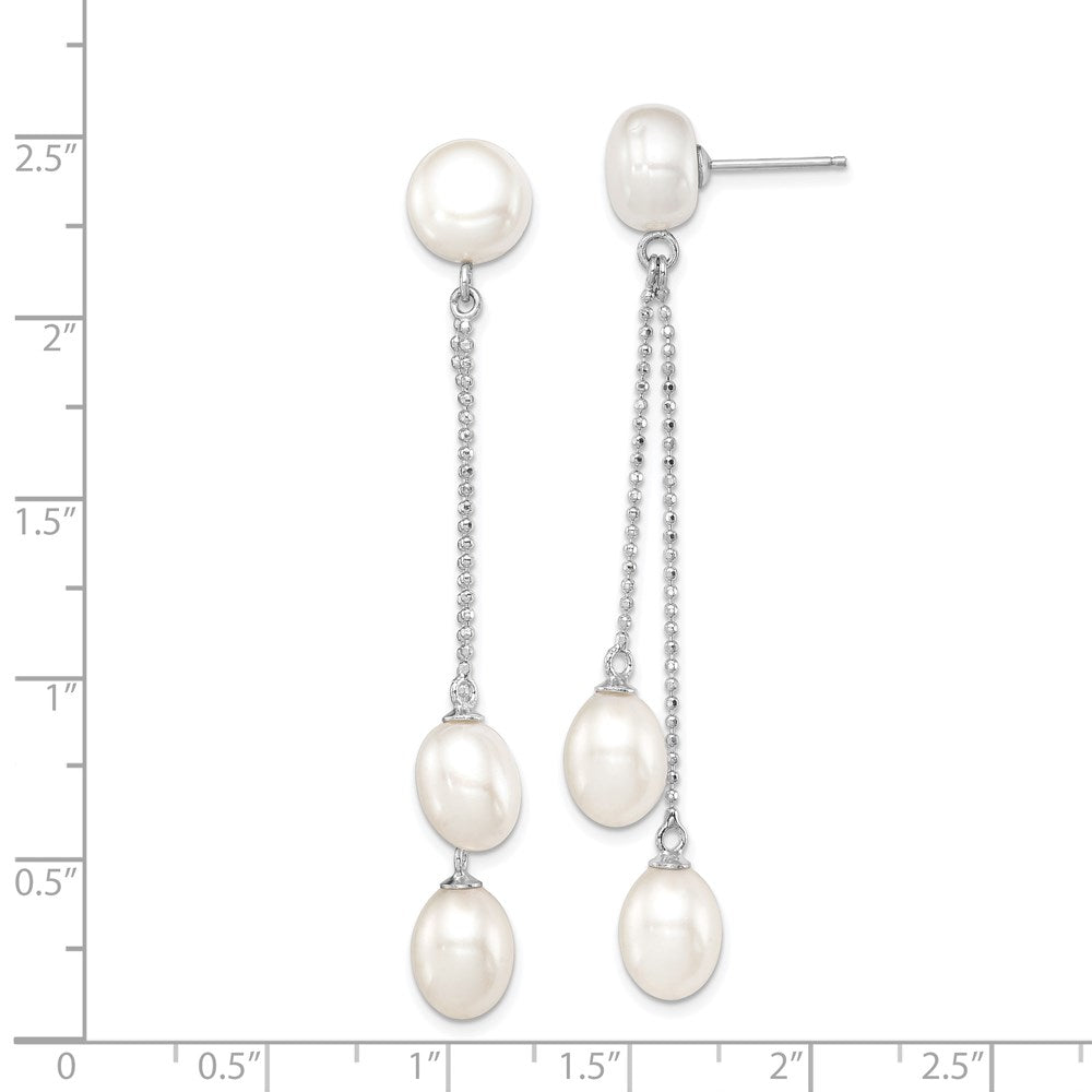 QE12779 Sterling Silver Rhodium-plated 6-9mm White Rice and Button Freshwater Cultured 3-Pearl Post Dangle Earrings
