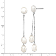 QE12779 Sterling Silver Rhodium-plated 6-9mm White Rice and Button Freshwater Cultured 3-Pearl Post Dangle Earrings