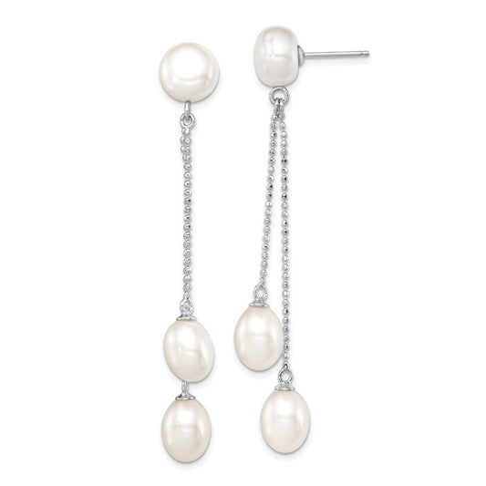 QE12779 Sterling Silver Rhodium-plated 6-9mm White Rice and Button Freshwater Cultured 3-Pearl Post Dangle Earrings