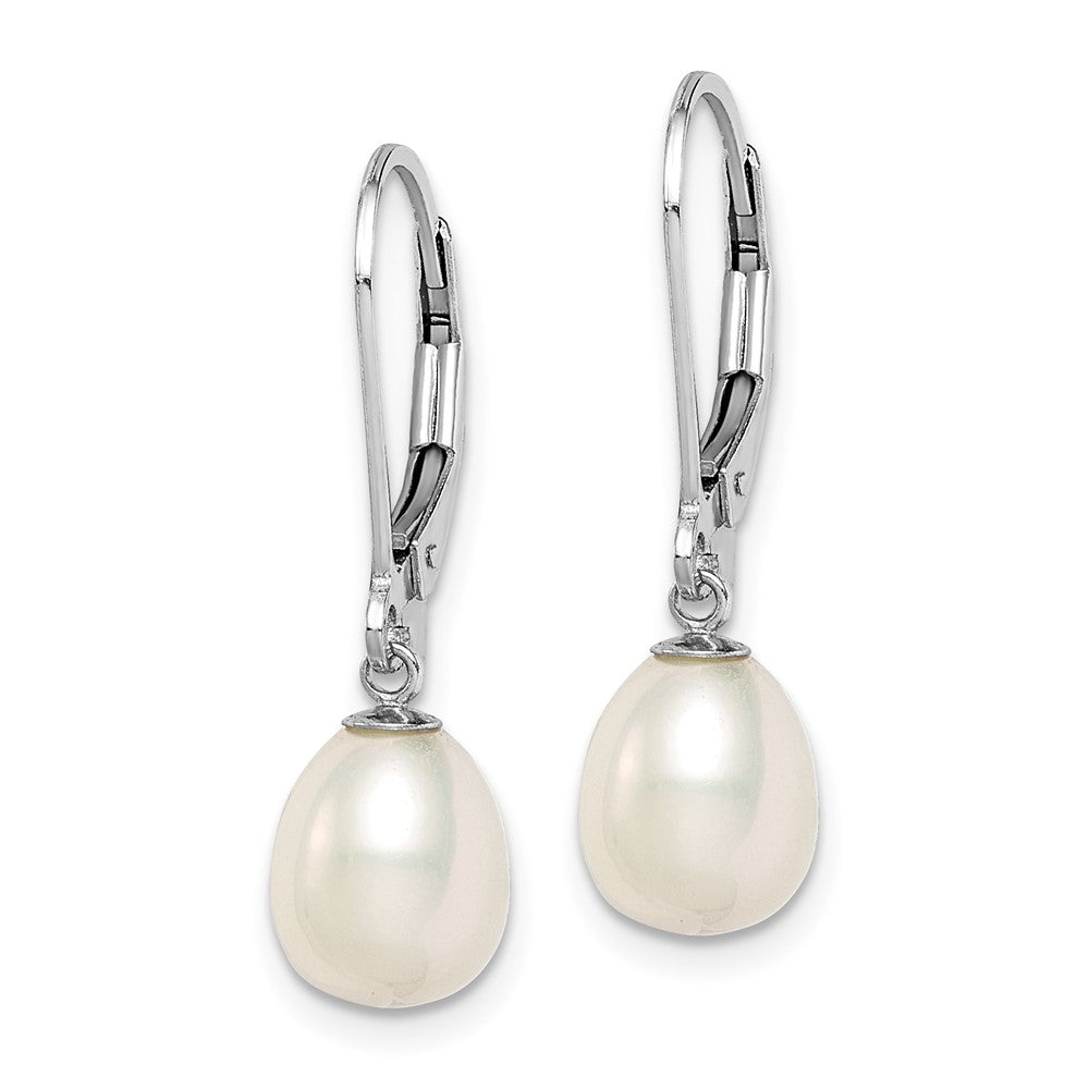 QE12781 Sterling Silver Rhodium-plated 7-8mm White Teardrop Freshwater Cultured Pearl Leverback Dangle Earrings