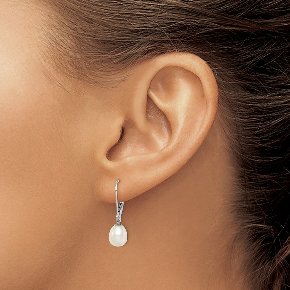 QE12781 Sterling Silver Rhodium-plated 7-8mm White Teardrop Freshwater Cultured Pearl Leverback Dangle Earrings