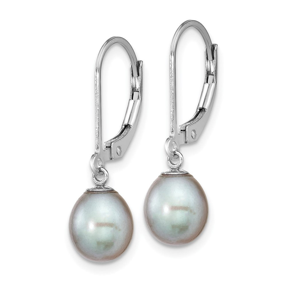 QE12781G Sterling Silver Rhodium-plated 7-8mm Grey Teardrop Freshwater Cultured Pearl Leverback Dangle Earrings