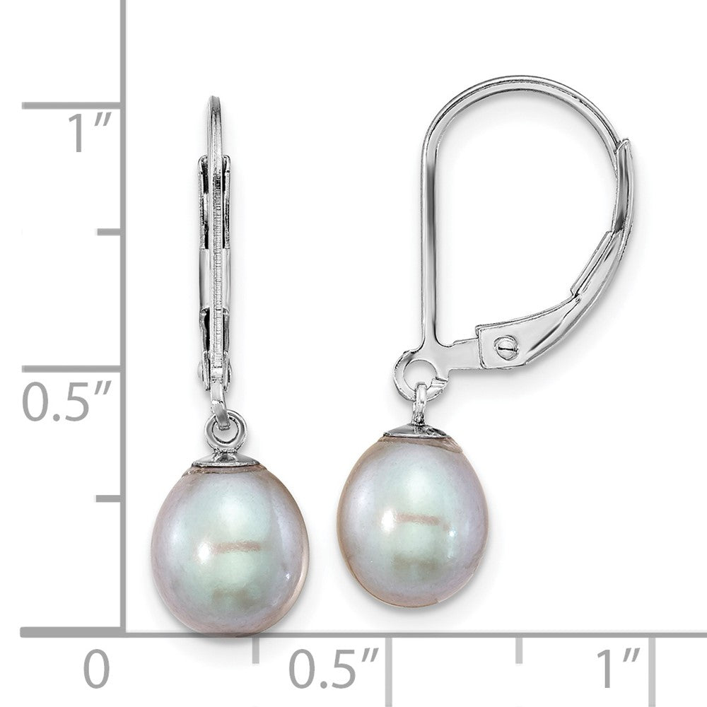 QE12781G Sterling Silver Rhodium-plated 7-8mm Grey Teardrop Freshwater Cultured Pearl Leverback Dangle Earrings