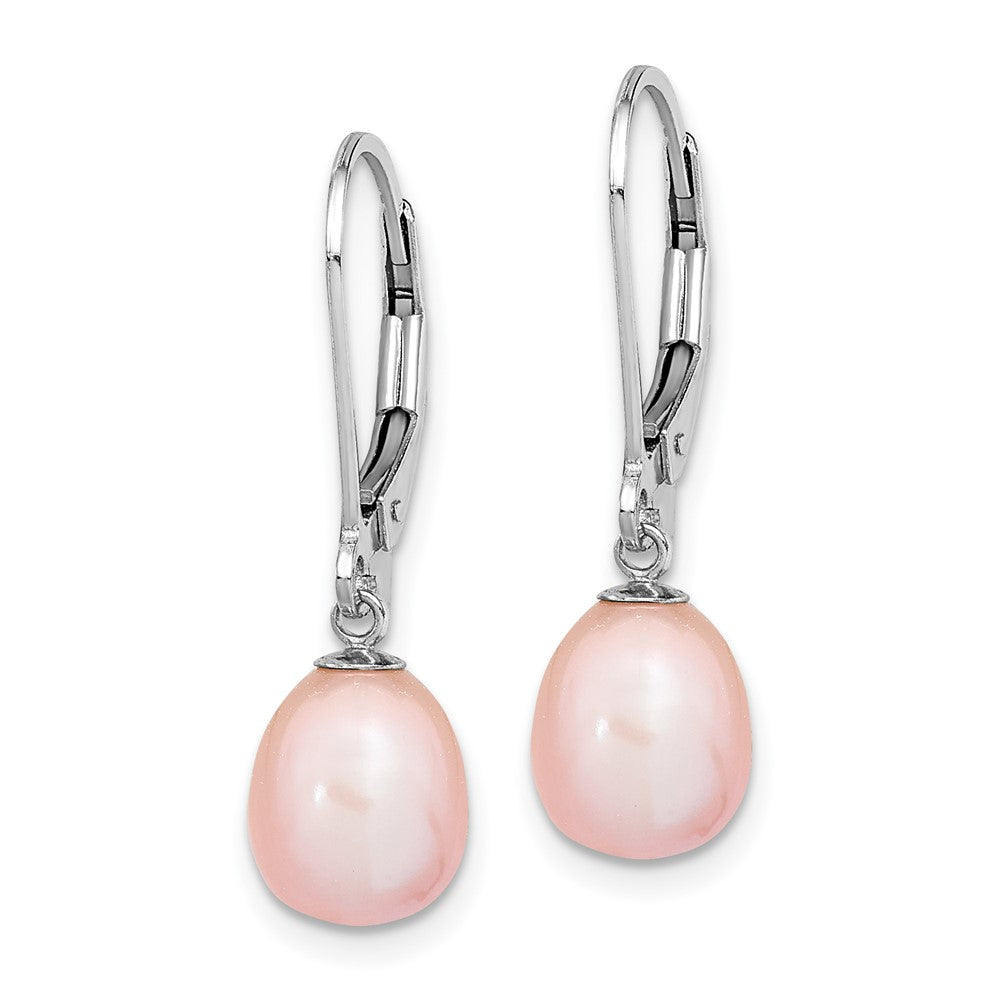 QE12781P Sterling Silver Rhodium-plated 7-8mm Pink Teardrop Freshwater Cultured Pearl Leverback Dangle Earrings