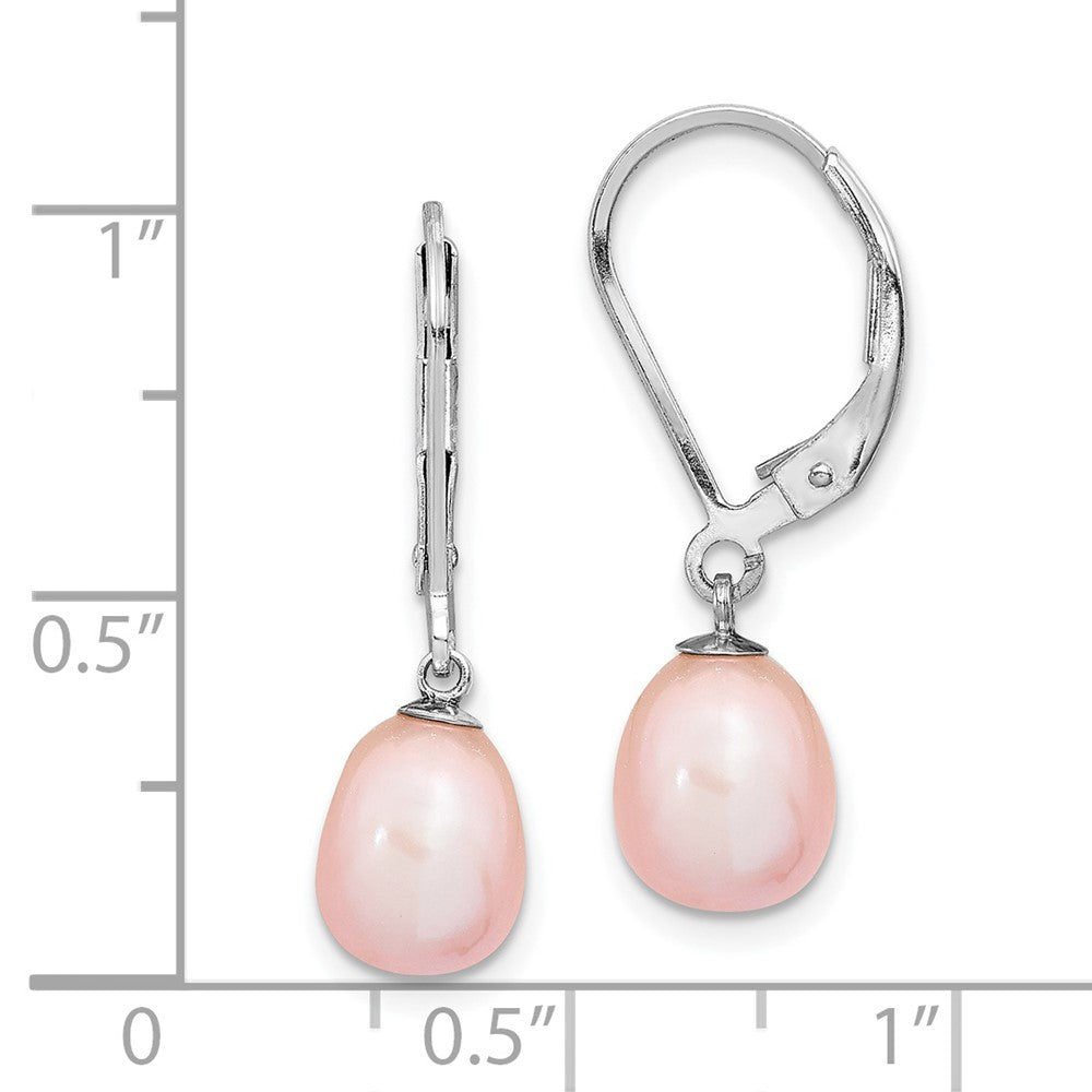 QE12781P Sterling Silver Rhodium-plated 7-8mm Pink Teardrop Freshwater Cultured Pearl Leverback Dangle Earrings