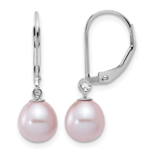 QE12781PU Sterling Silver Rhodium-plated 7-8mm Purple Teardrop Freshwater Cultured Pearl Leverback Dangle Earrings