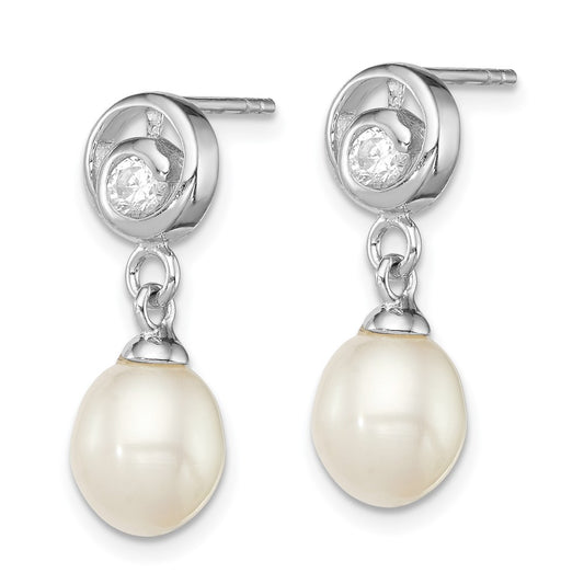 QE12783 Sterling Silver Rhodium-plated 7-8mm White Rice Freshwater Cultured Pearl and CZ Post Dangle Earrings