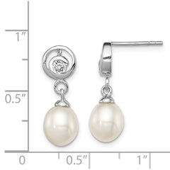 QE12783 Sterling Silver Rhodium-plated 7-8mm White Rice Freshwater Cultured Pearl and CZ Post Dangle Earrings
