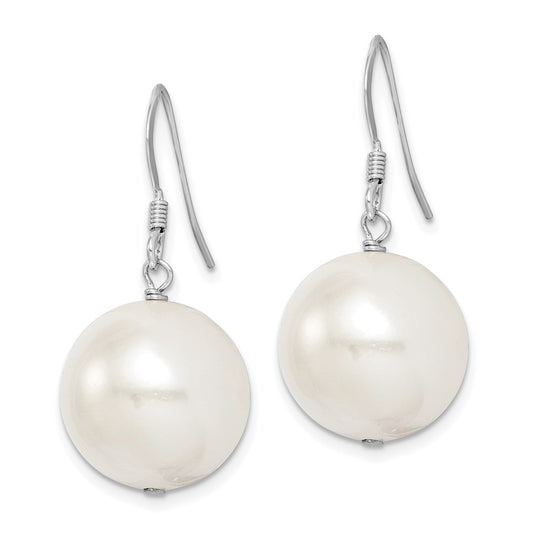 QE12789 Sterling Silver Rhodium-plated 14-15mm White Round Shell Pearl Dangle Earrings