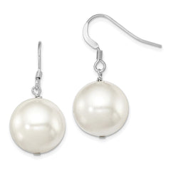 QE12789 Sterling Silver Rhodium-plated 14-15mm White Round Shell Pearl Dangle Earrings