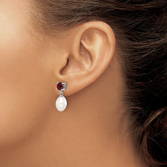 QE12791 Sterling Silver Rhodium-plated 7-8mm White Teardrop Freshwater Cultured Pearl and 1.26GA Garnet Post Dangle Earrings
