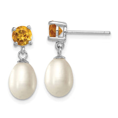QE12792 Sterling Silver Rhodium-plated 7-8mm White Teardrop Freshwater Cultured Pearl and .94CI Citrine Post Dangle Earrings