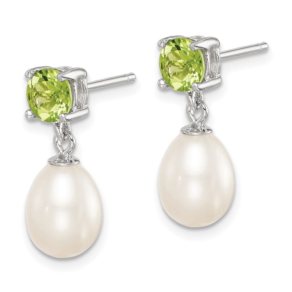 QE12793 Sterling Silver Rhodium-plated 7-8mm White Teardrop Freshwater Cultured Pearl and 1.12PE Peridot Post Dangle Earrings