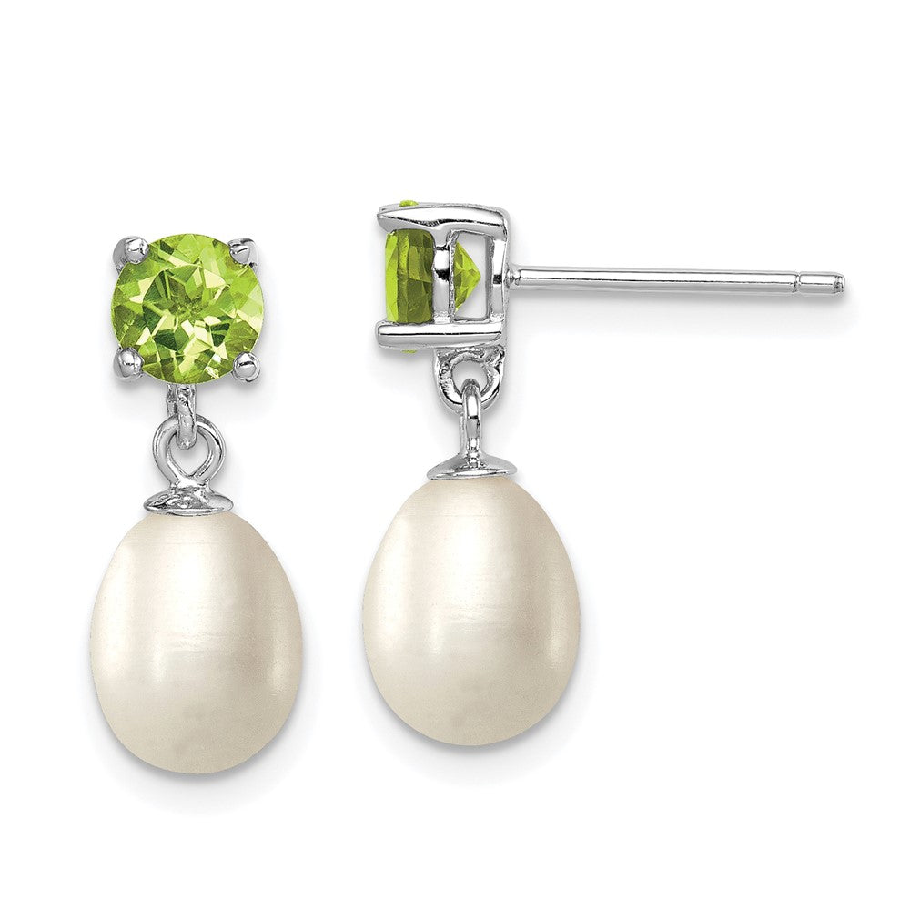 QE12793 Sterling Silver Rhodium-plated 7-8mm White Teardrop Freshwater Cultured Pearl and 1.12PE Peridot Post Dangle Earrings