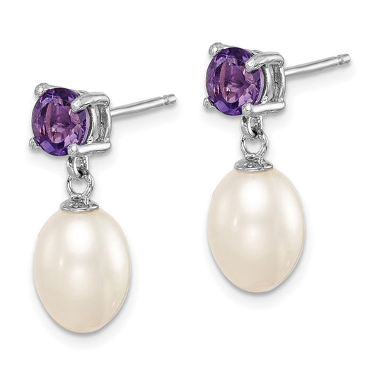 QE12794 Sterling Silver Rhodium-plated 7-8mm White Teardrop Freshwater Cultured Pearl and .84AM Amethyst Post Dangle Earrings