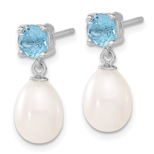 QE12795 Sterling Silver Rhodium-plated 7-8mm White Teardrop Freshwater Cultured Pearl and 1.30BT Blue Topaz Post Dangle Earrings