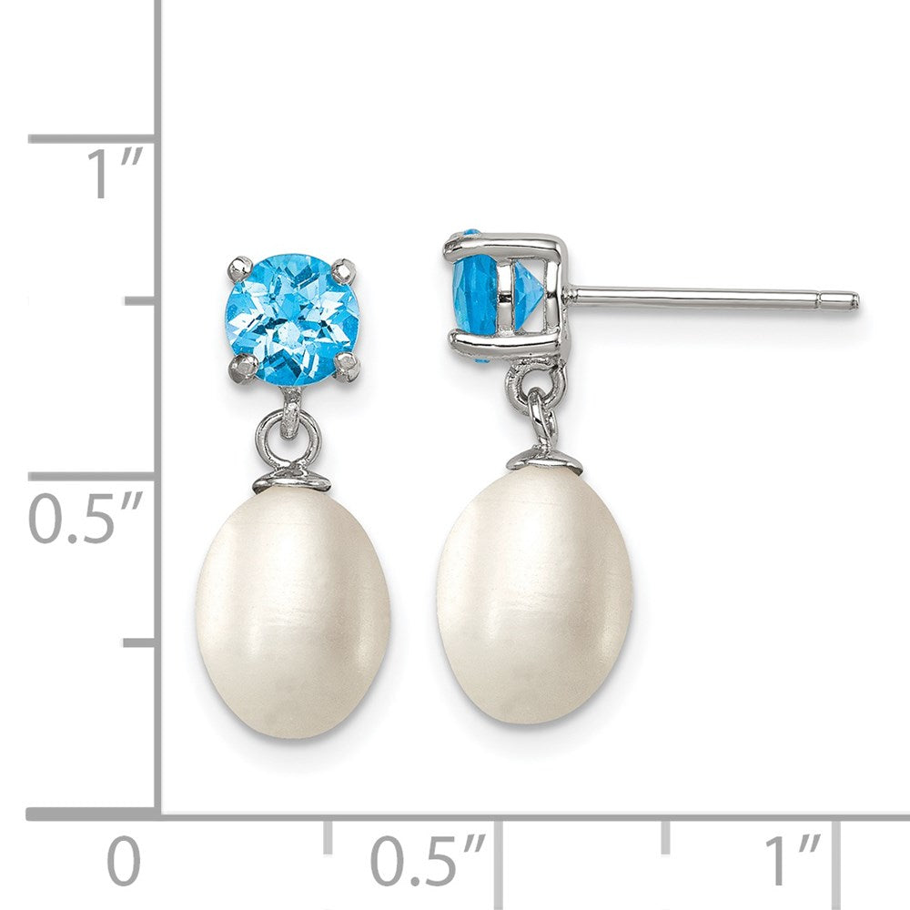 QE12795 Sterling Silver Rhodium-plated 7-8mm White Teardrop Freshwater Cultured Pearl and 1.30BT Blue Topaz Post Dangle Earrings