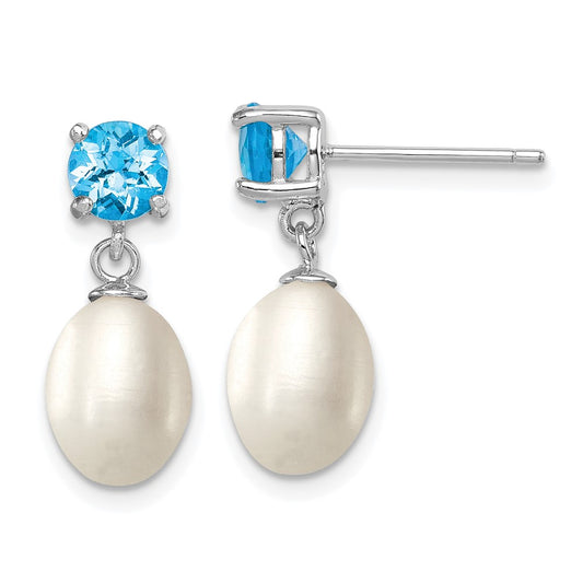 QE12795 Sterling Silver Rhodium-plated 7-8mm White Teardrop Freshwater Cultured Pearl and 1.30BT Blue Topaz Post Dangle Earrings