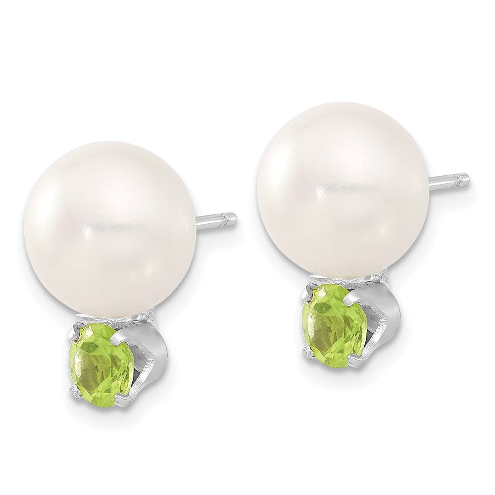 QE12797 Sterling Silver Rhod-pltd 10-11mm FWC Button Pearl Peridot Earrings