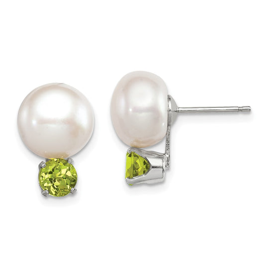 QE12797 Sterling Silver Rhod-pltd 10-11mm FWC Button Pearl Peridot Earrings