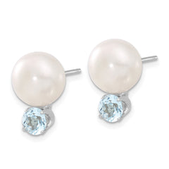 QE12800 Sterling Silver Rhod-pltd 10-11mm FWC Button Pearl Blue Topaz Earrings