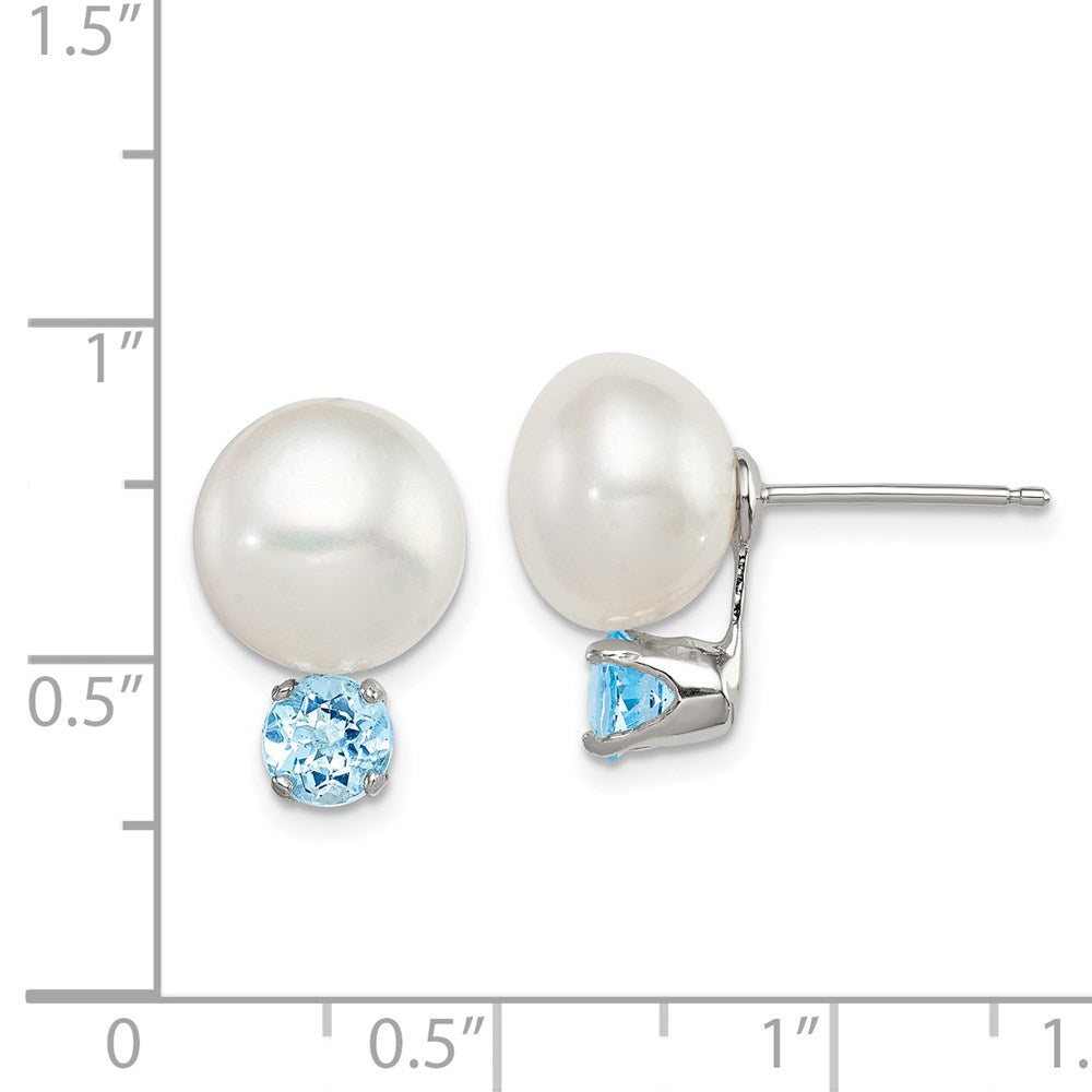 QE12800 Sterling Silver Rhod-pltd 10-11mm FWC Button Pearl Blue Topaz Earrings