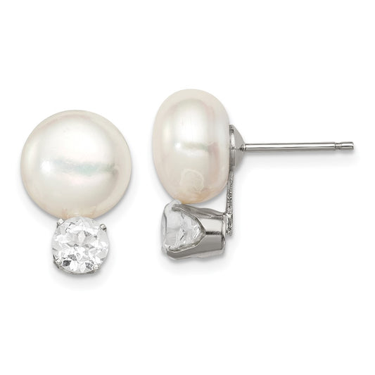 QE12801 Sterling Silver RH-pltd 10-11mm FWC Button Pearl White Topaz Earrings