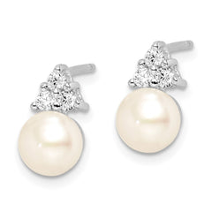 QE12812 Sterling Silver Rhodium-plated 6-7mm White Button Freshwater Cultured Pearl and CZ Post Earrings