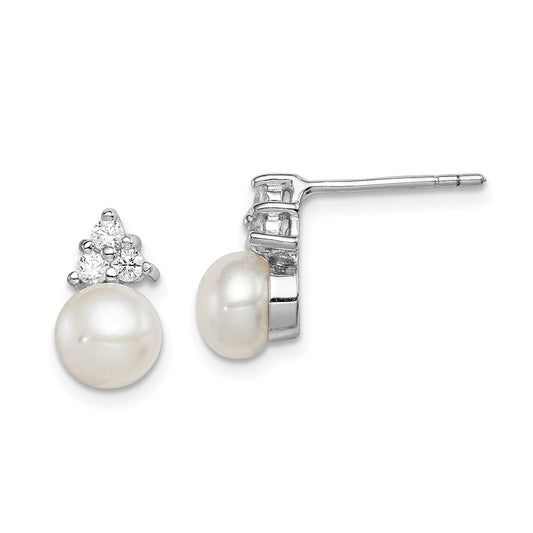 QE12812 Sterling Silver Rhodium-plated 6-7mm White Button Freshwater Cultured Pearl and CZ Post Earrings