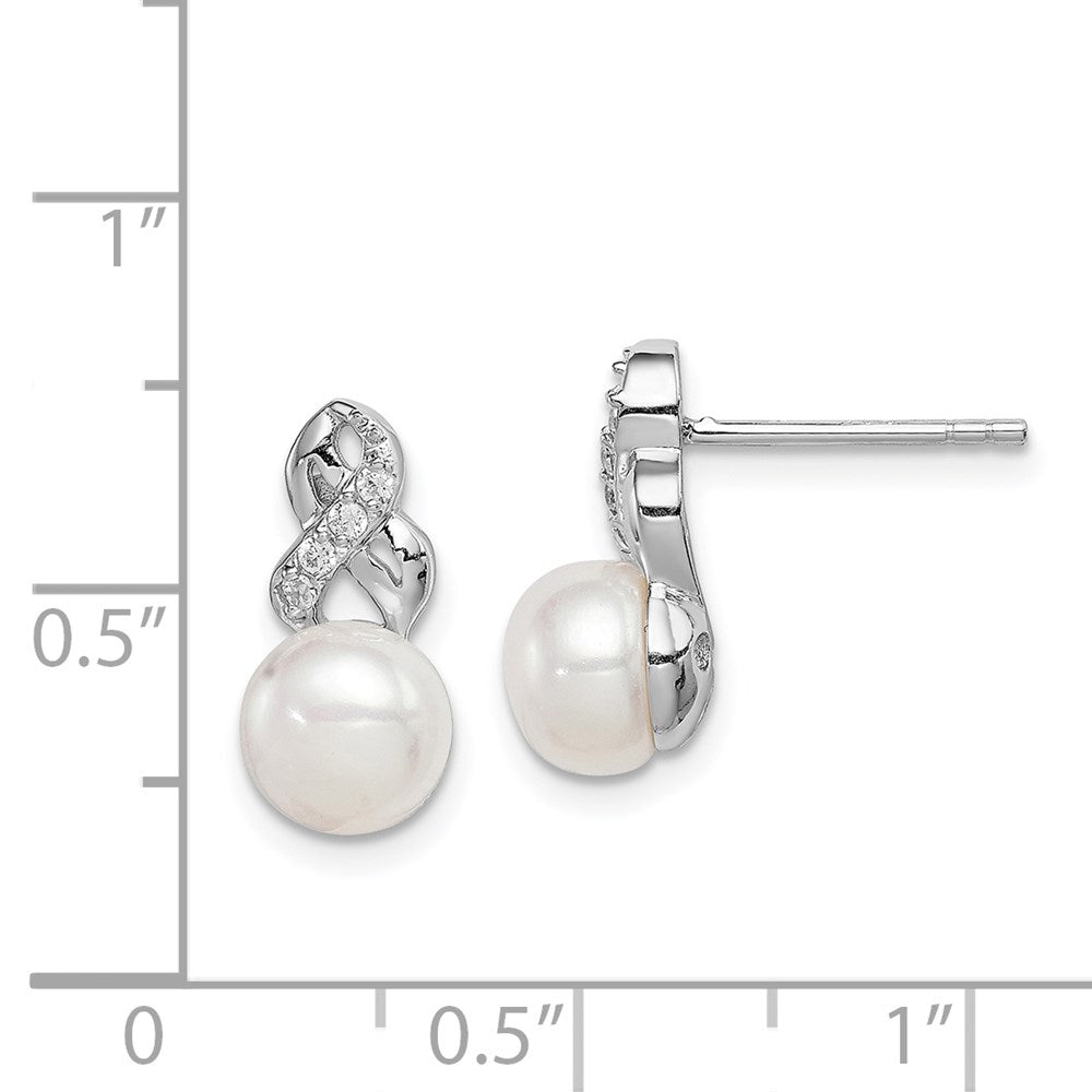 QE12814 Sterling Silver Rhodium-plated 6-7mm White Button Freshwater Cultured Pearl and CZ Post Earrings