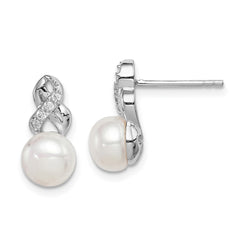 QE12814 Sterling Silver Rhodium-plated 6-7mm White Button Freshwater Cultured Pearl and CZ Post Earrings
