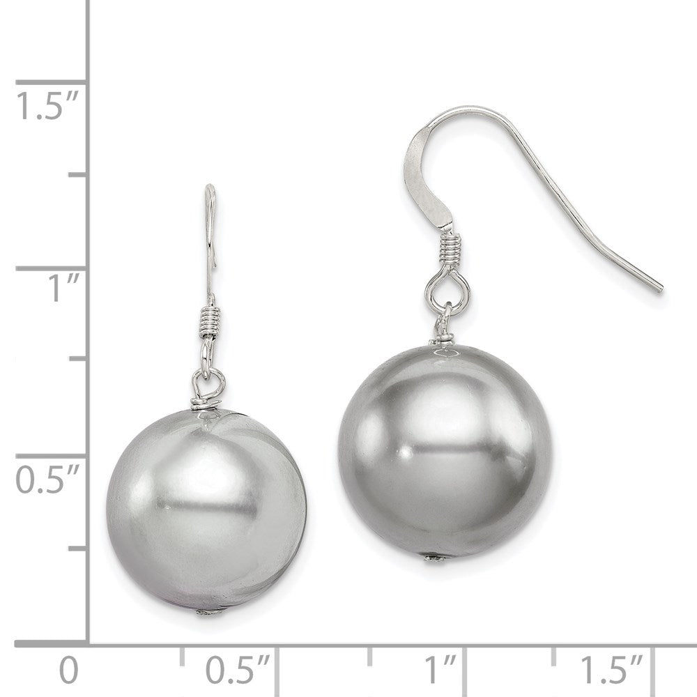 QE12821 Sterling Silver Rhodium-plated 14-15mm Grey Round Shell Pearl Dangle Earrings