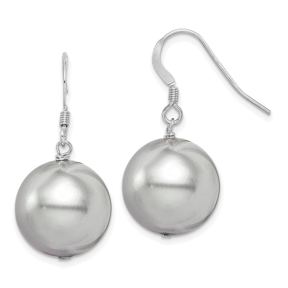 QE12821 Sterling Silver Rhodium-plated 14-15mm Grey Round Shell Pearl Dangle Earrings